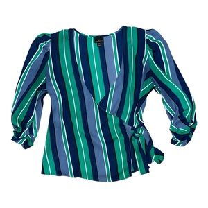 Worthington Blue Wrap Tie Front Puff Sleeve Top